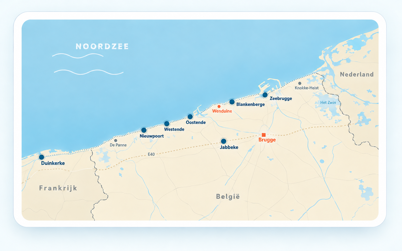 Map of the Belgian coast showing the Holiday Suites locations—Bruges, Dunkirk, and the national borders